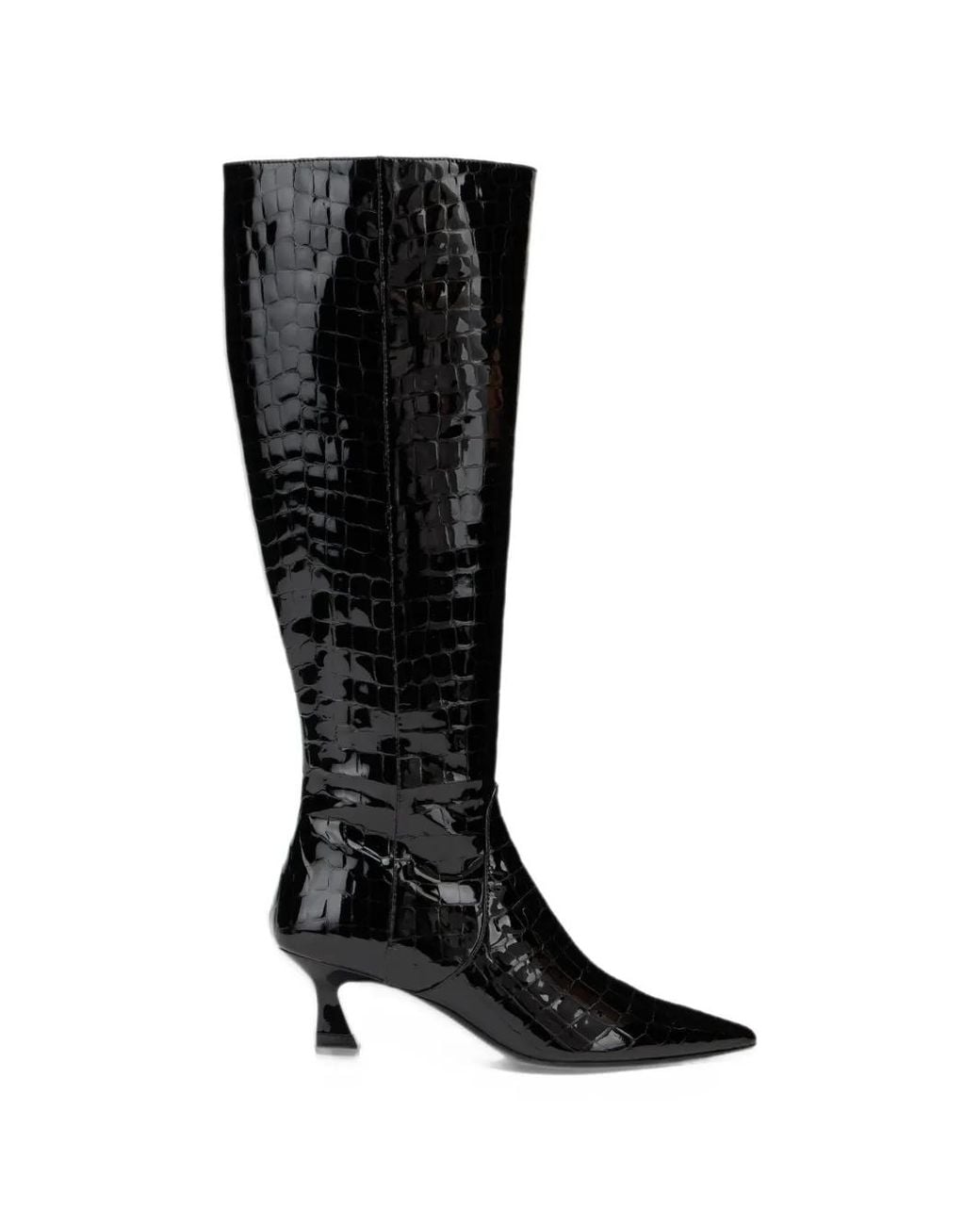 Stuart Weitzman Black Vinnie Croc-Embossed Leather Knee-High Boots