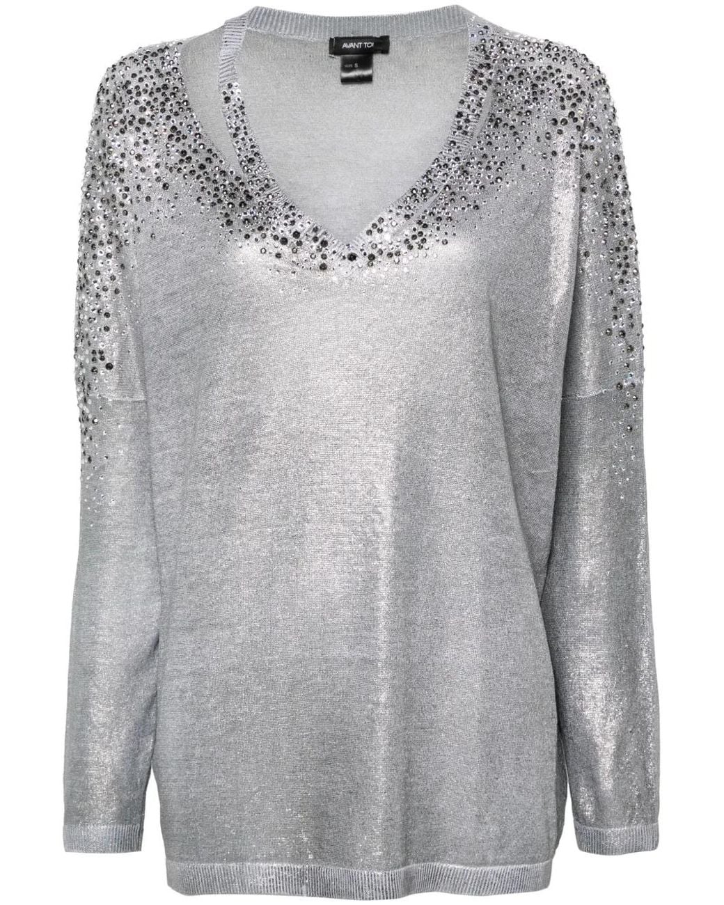 Avant Toi Gray Crystal-Embellished V-Neck Jumper
