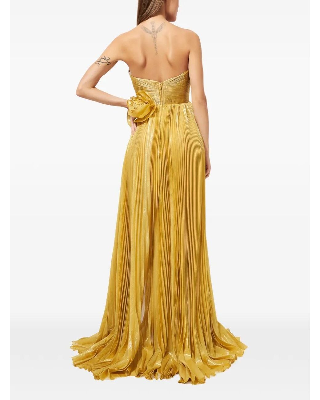 IRIS SERBAN Yellow Mey Floral-Appliqué Pleated Gown