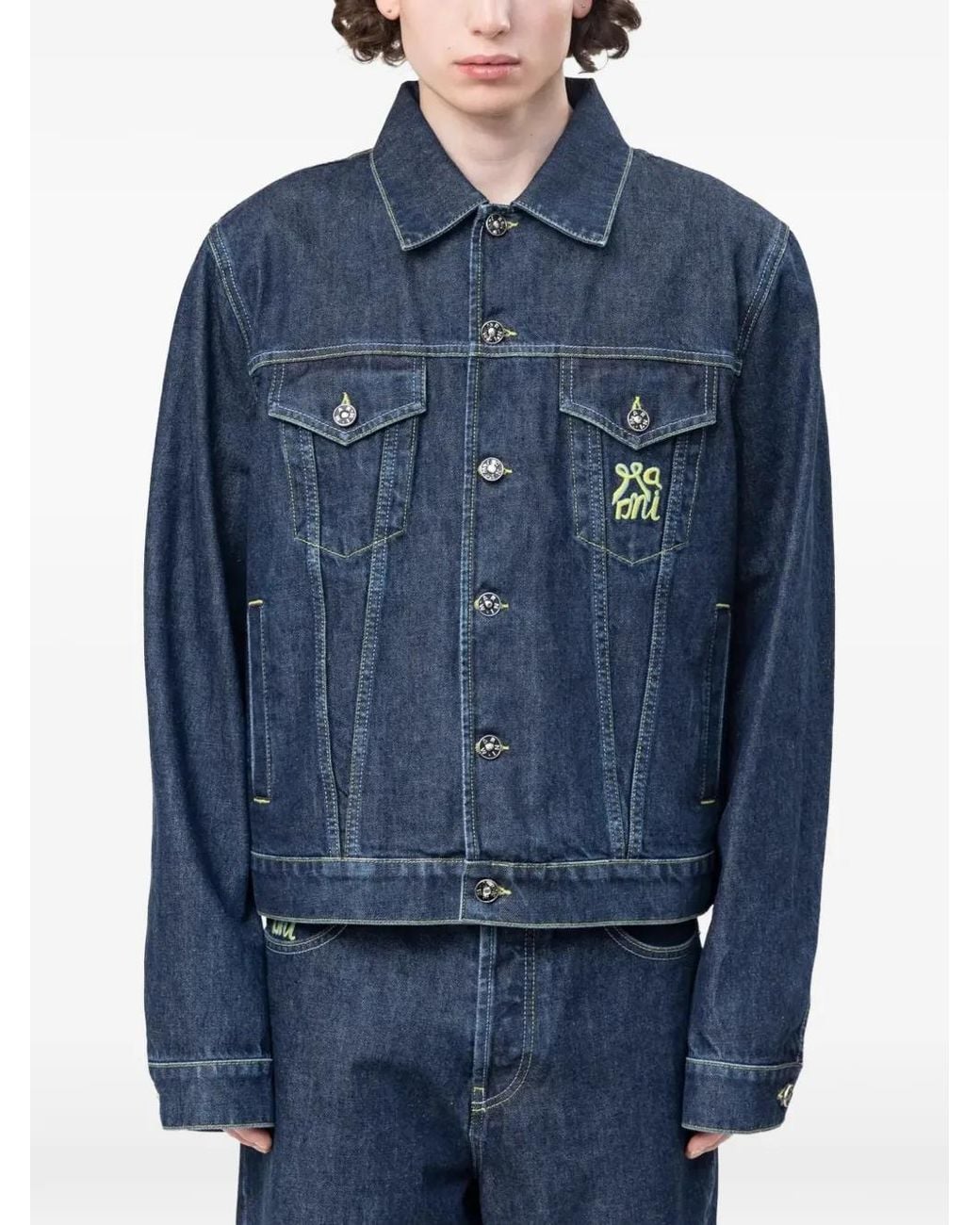Marni Blue Logo-Embroidered Denim Jacket for men