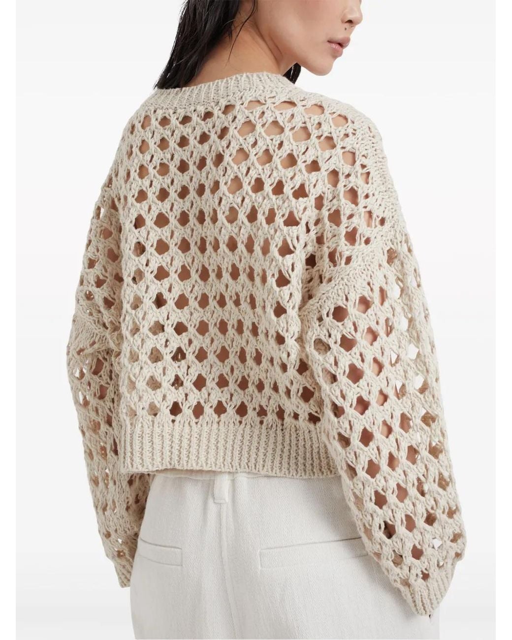 Brunello Cucinelli Natural Openwork-Knit Cropped Sweater