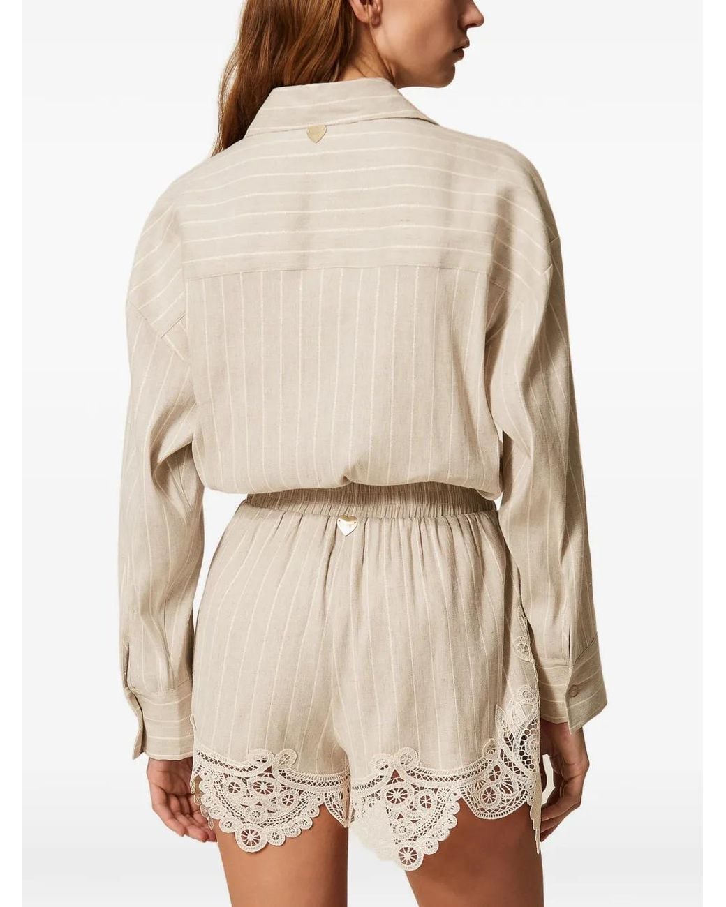Twinset Natural Linen Blend Jacquard Shorts With Lace