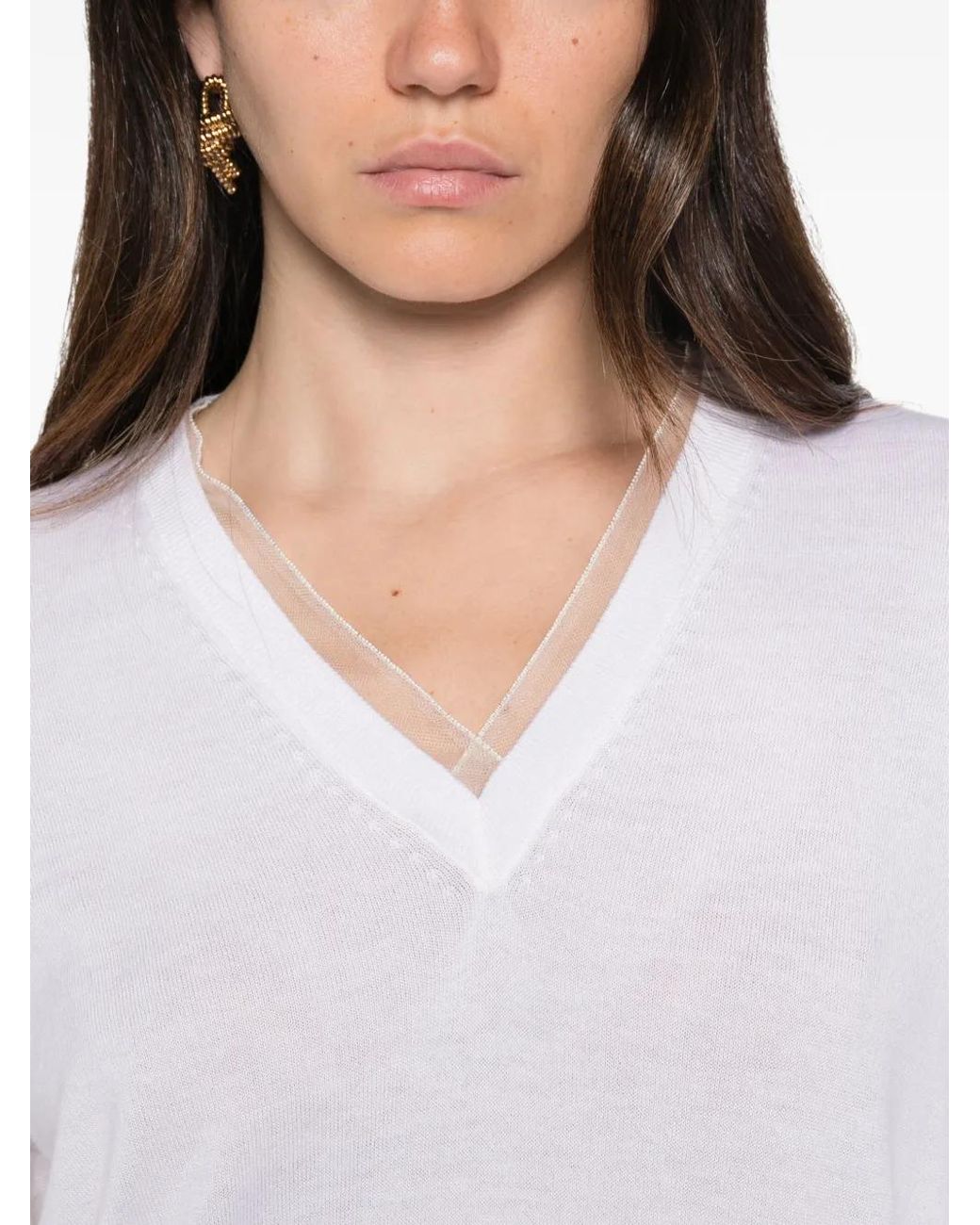 Fabiana Filippi White Tulle-Insert V-Neck Sweater