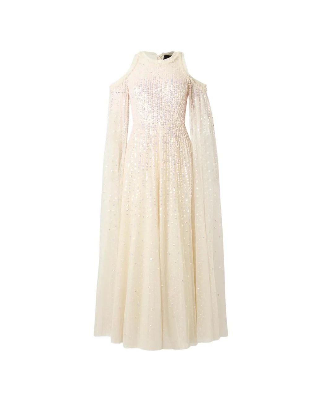 Needle & Thread White Moonlight Sequin-Embellished Cape-Sleeve Maxi Dress