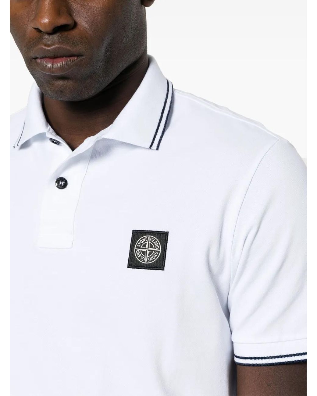 Stone Island White Slim Fit Ribbed Collar Polo With Contrasting Stripes for men