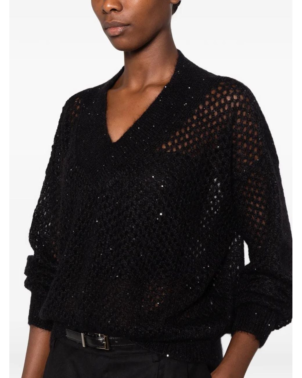 Liviana Conti Black Sequin-Embellished Open-Knit Sweater