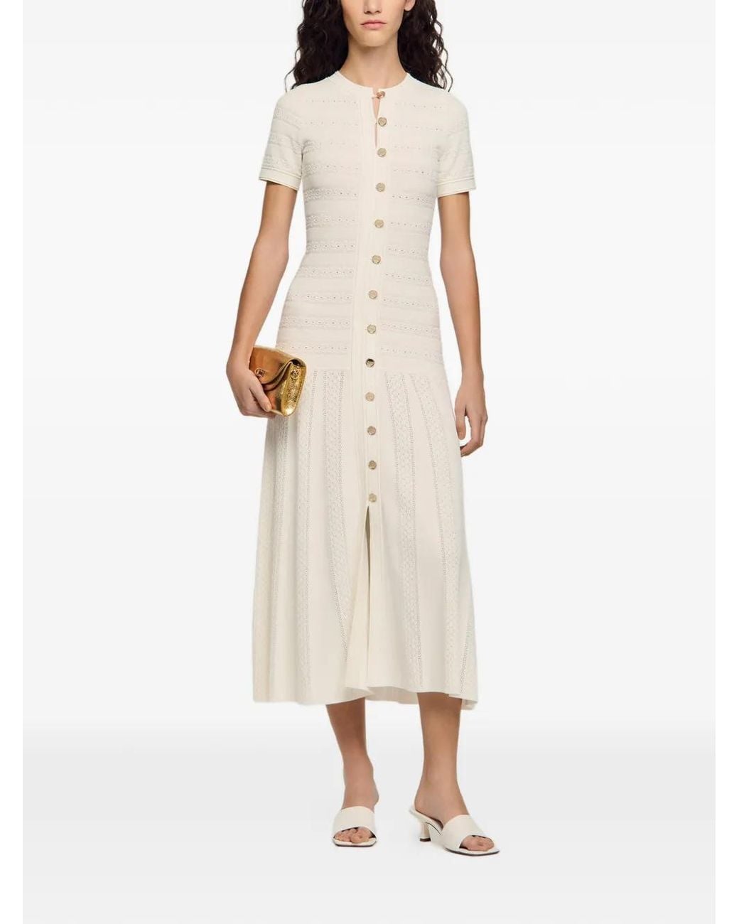 Sandro White Midi Button Knitted Dress