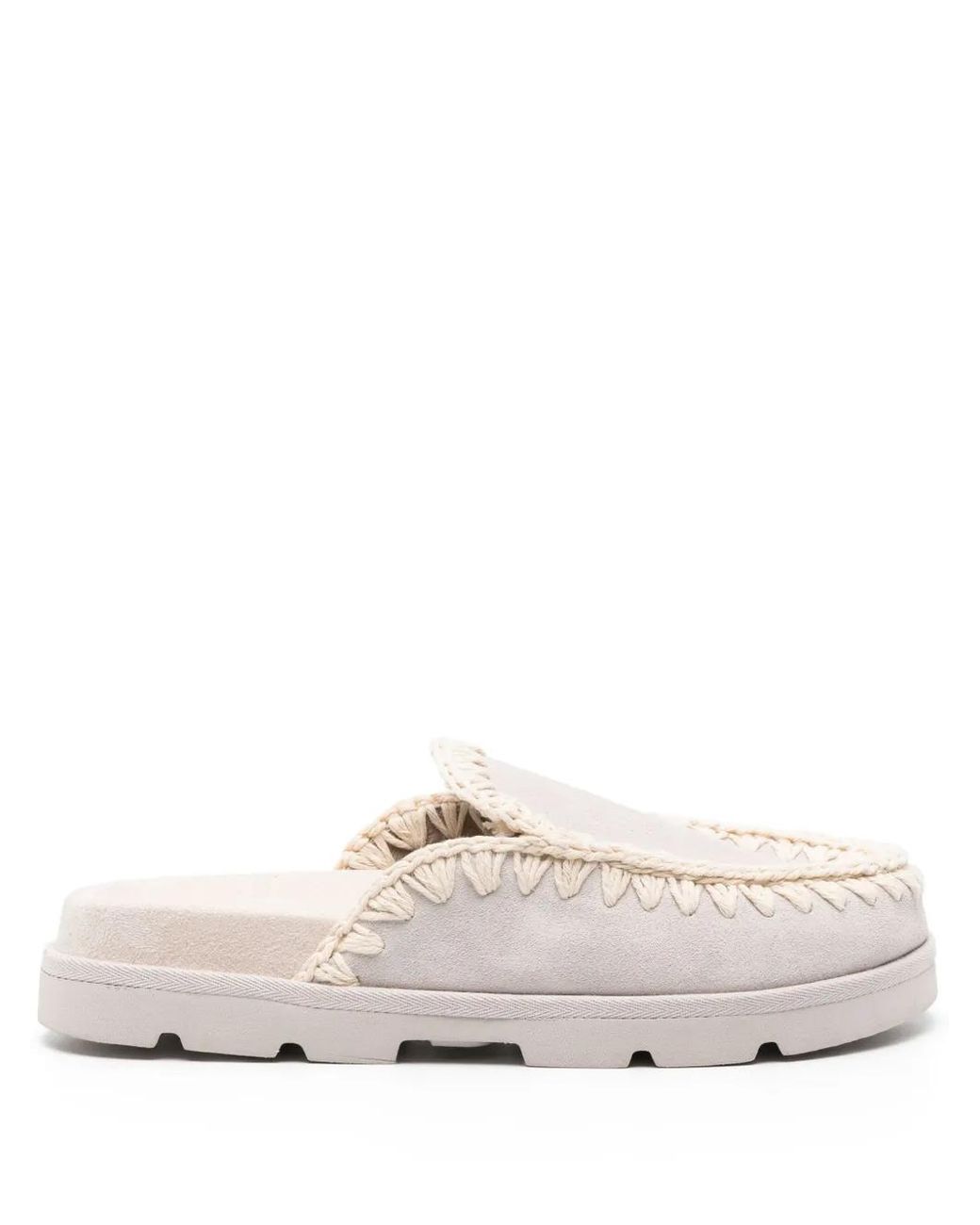 Mou White Whipstitch-Trim Suede Mules