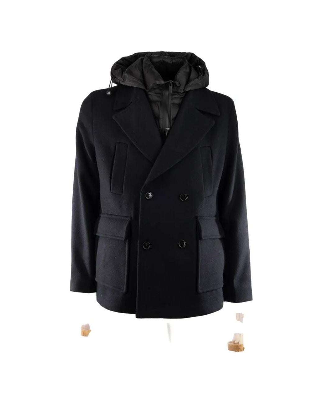 Heskimo Black Double-Breasted Hooded Coat for men
