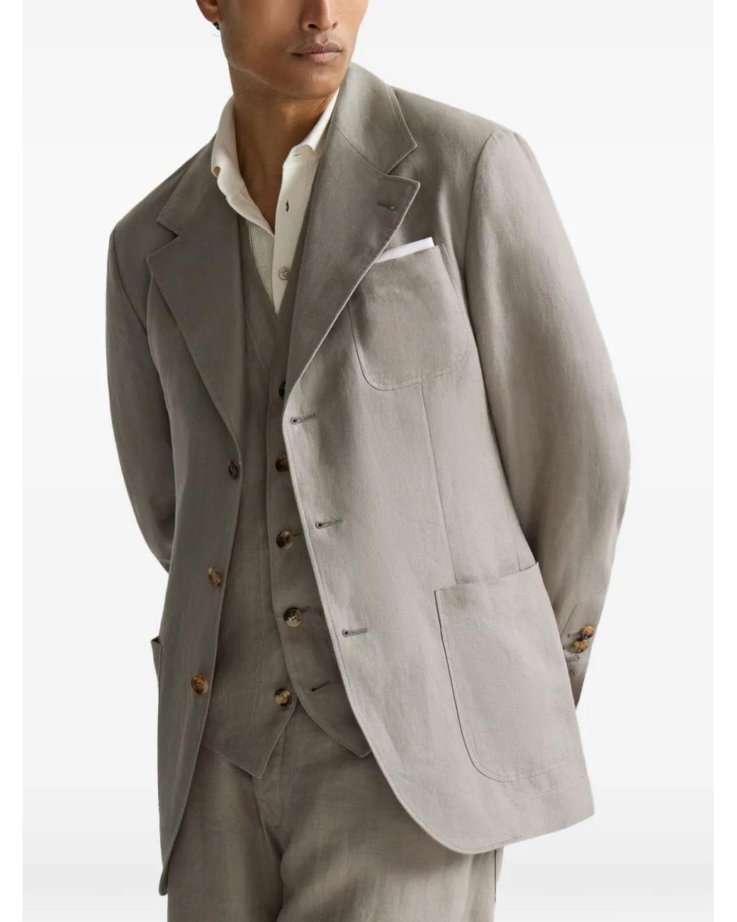 Brunello Cucinelli Gray Linen Micro Chevron Unlined Blazer for men