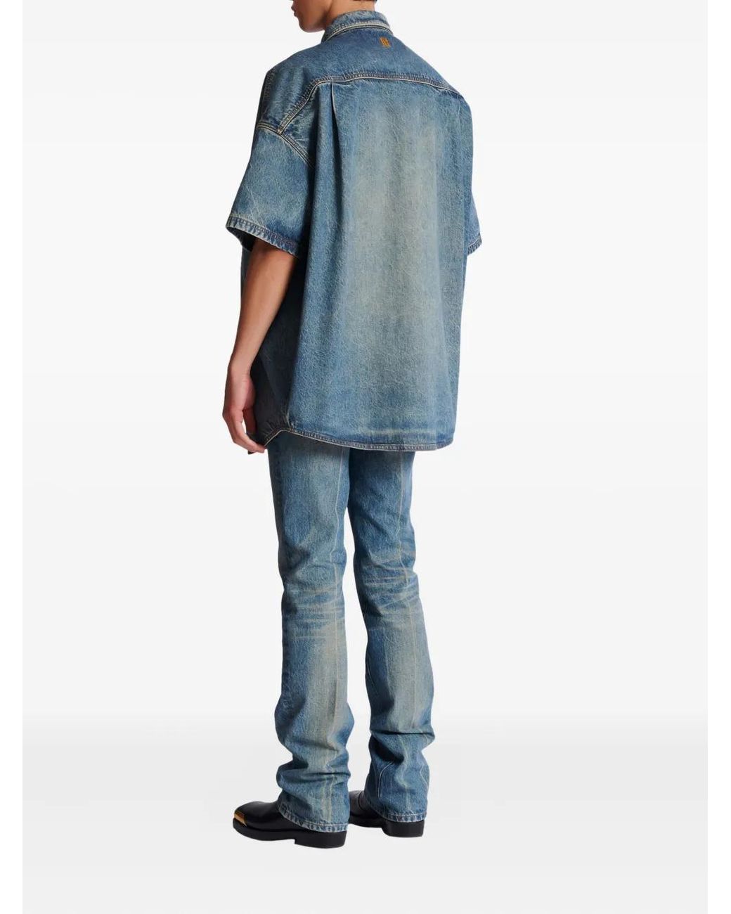 Balmain Blue Short-Sleeved Button-Up Shirt for men