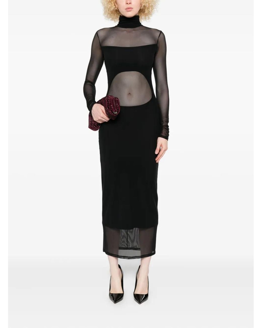 Mugler High-Neck Mesh Maxi Dress in Black | Lyst