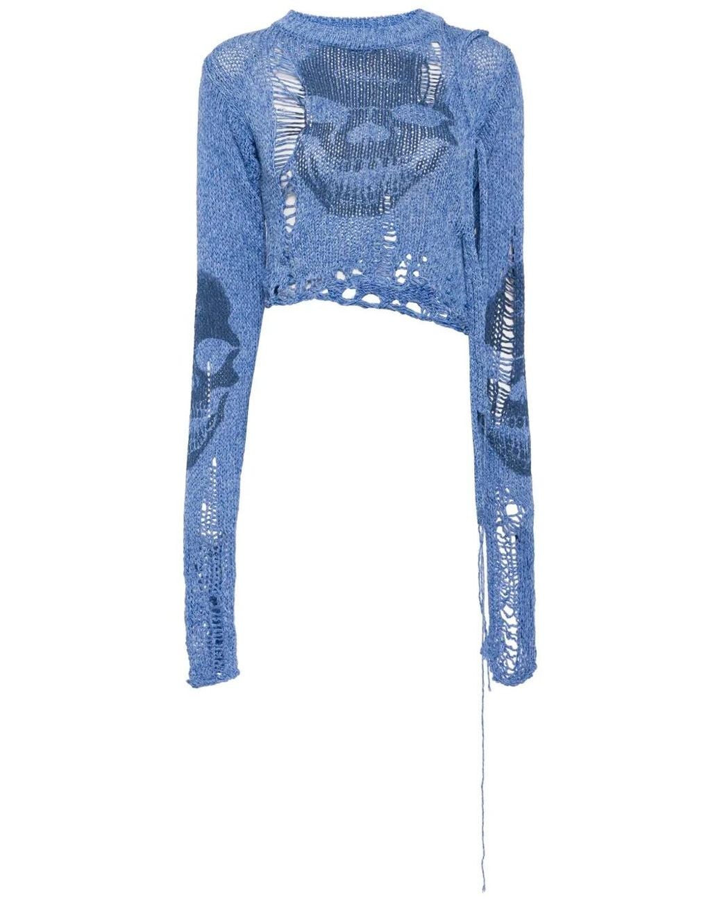 OTTOLINGER Blue Skull-Print Distressed-Effect Jumper