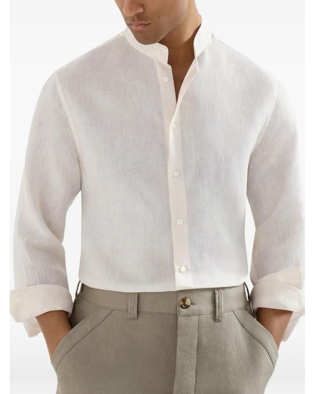 Brunello Cucinelli White Linen Shirt With Mandarin Collar for men