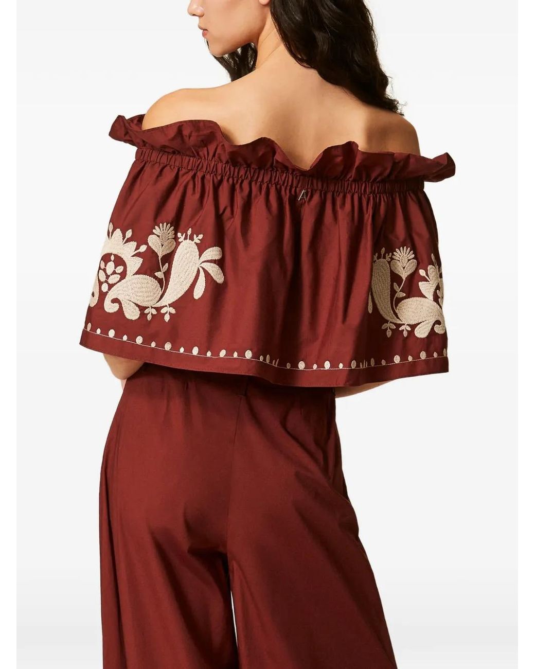 Twinset Red Poplin Off-Shoulder Top With Embroidery