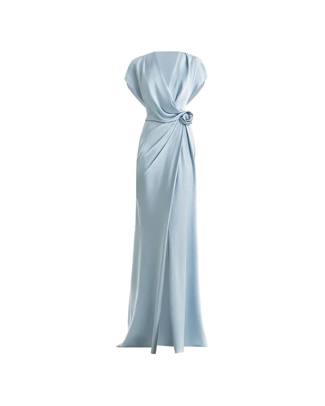 Gemy Maalouf Blue Draped V-Neck Flower Maxi Dress