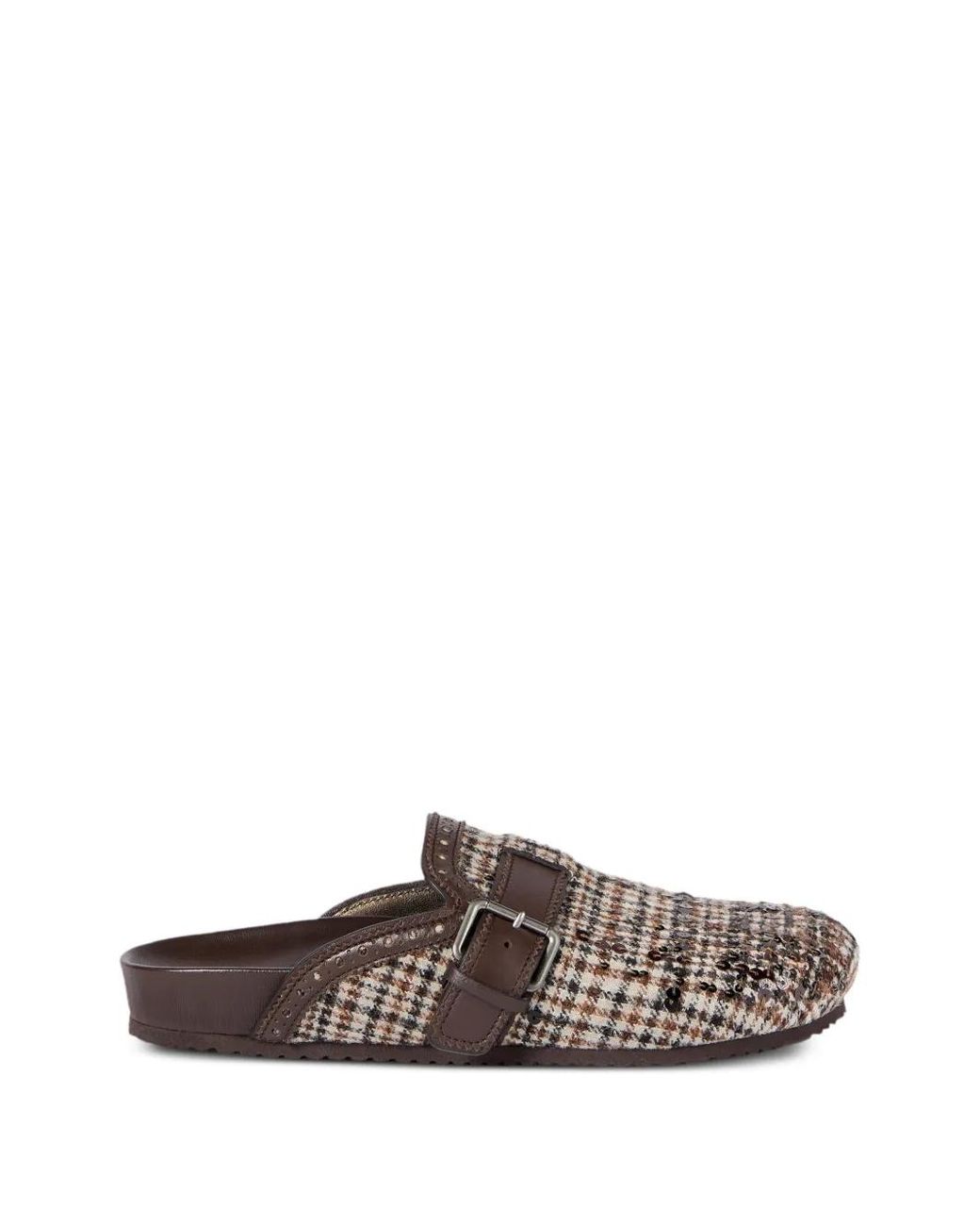 Brunello Cucinelli Brown Water-Resistant Alpaca And Wool Check Slippers With Dazzling Dégradé Embroidery