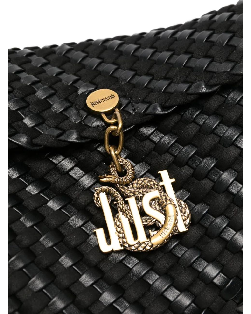 Just Cavalli Black Woven Logo-Charm Shoulder Bag