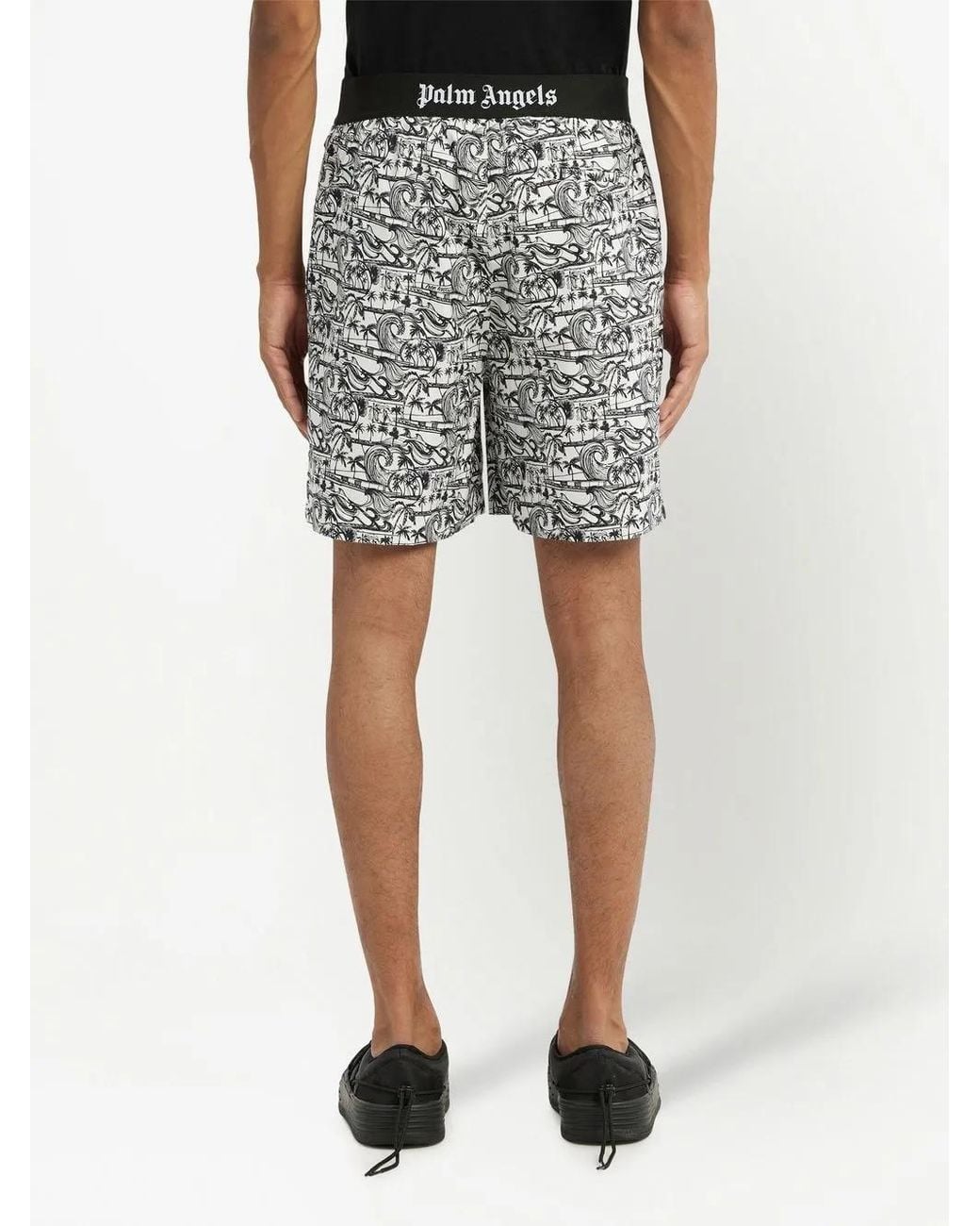 Palm Angels Black Waves Graphic-Print Deck Shorts for men