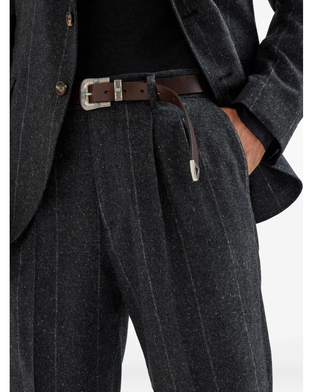 Brunello Cucinelli Blue Pinstripe Pleated Trousers for men