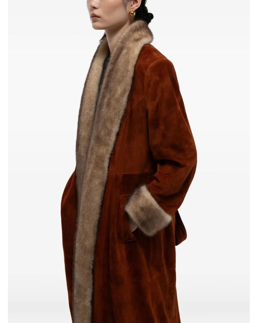 DUCIE Red Freya Faux-Fur-Trim Suede Coat