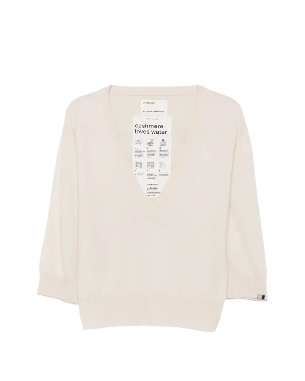Extreme Cashmere White Pearl V-Neck Three-Quarter-Sleeve Sweater