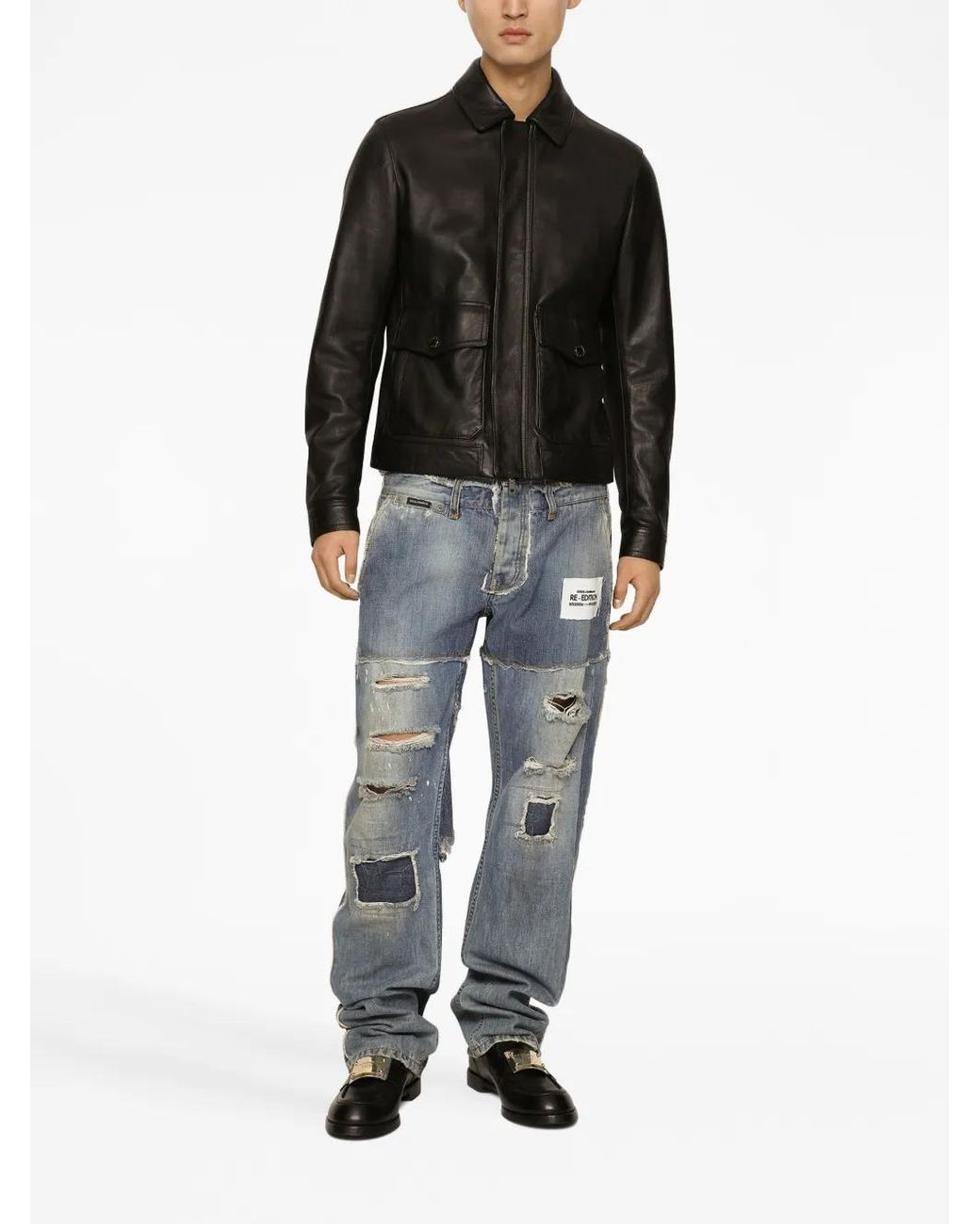 Dolce & Gabbana Black Collared Leather Coat for men