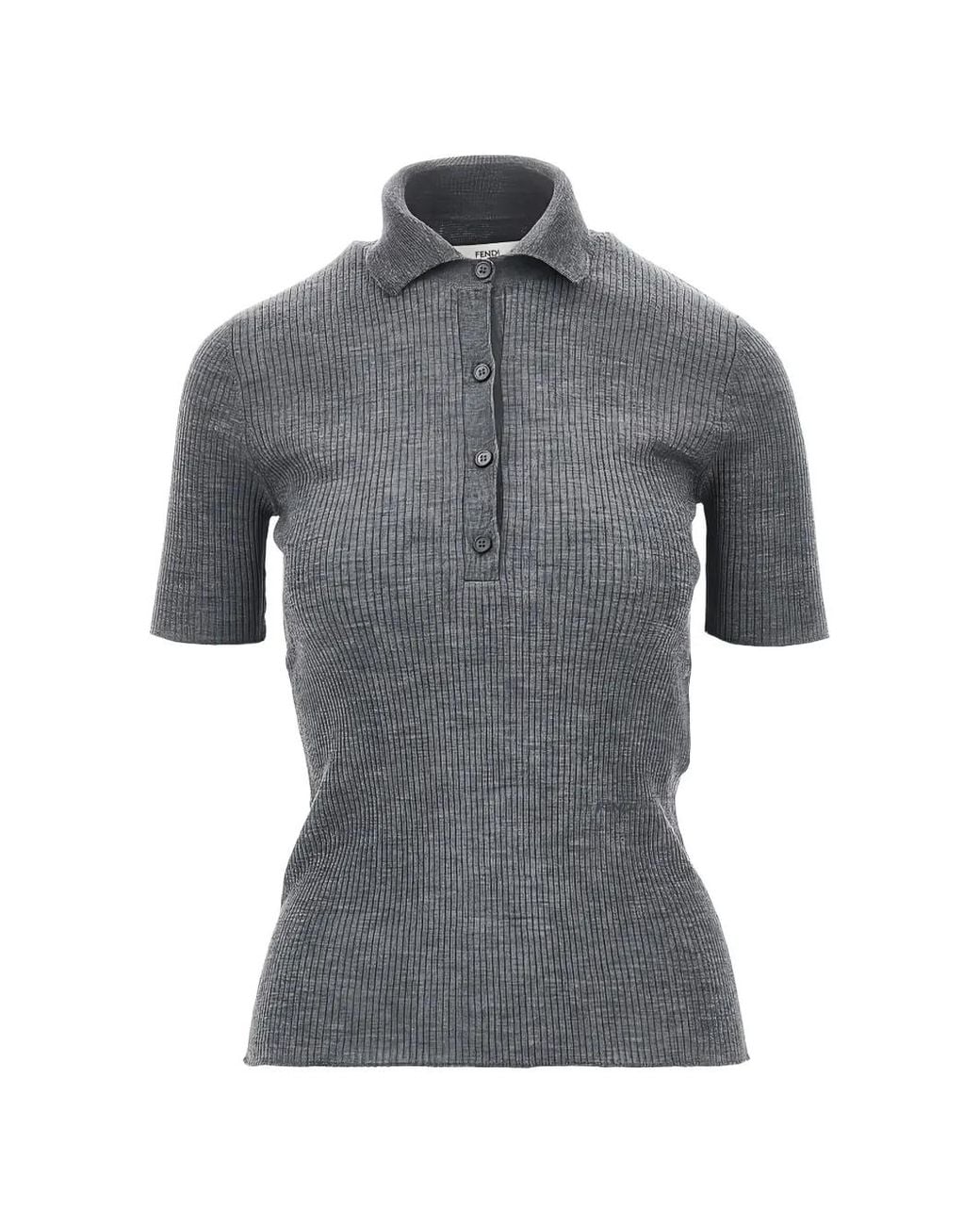 Fendi Gray Ribbed-Knit Short-Sleeve Polo Shirt