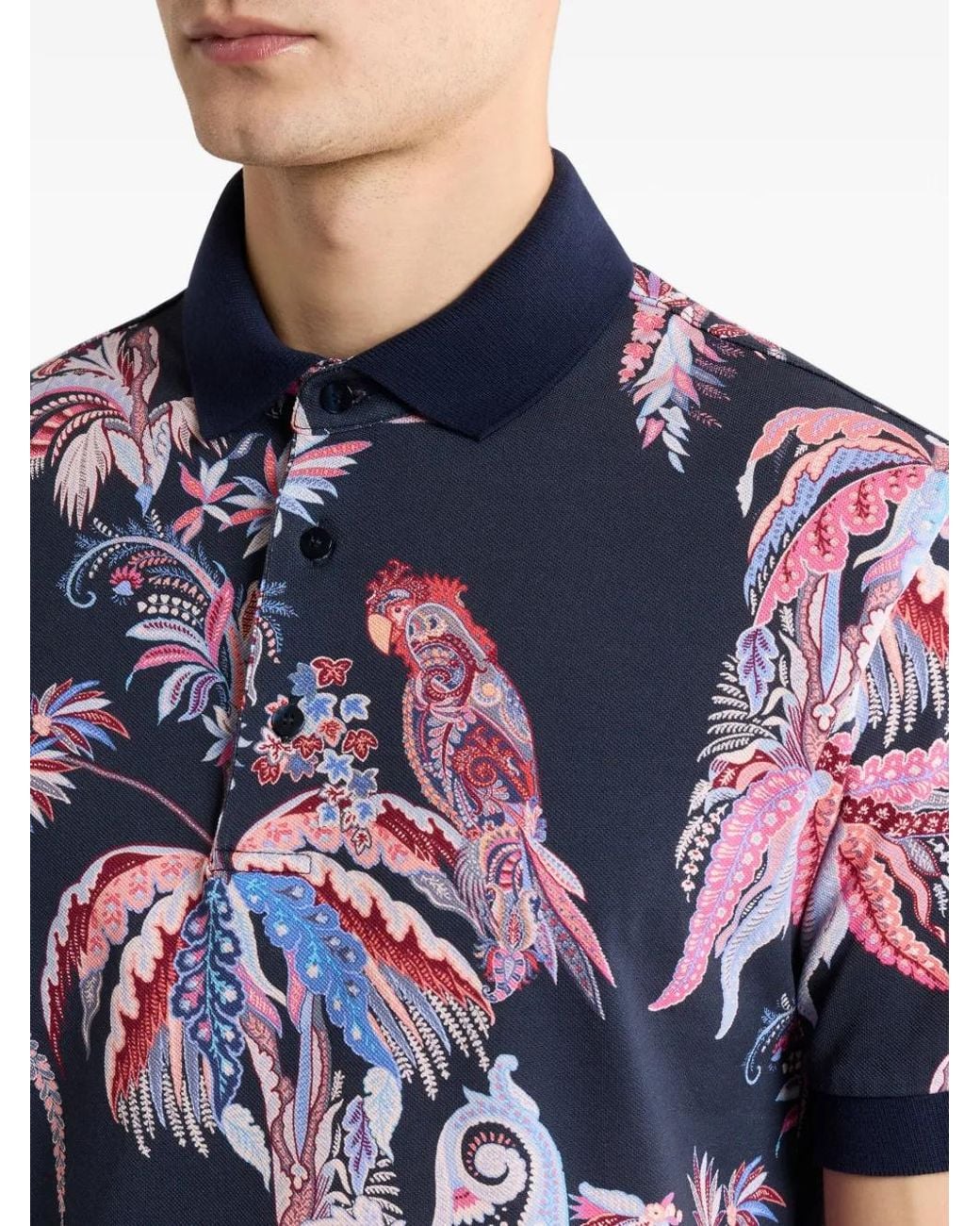 Etro Blue Palm And Parrot Print Polo Shirt for men
