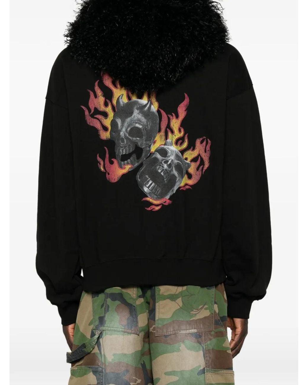 THUG CLUB Black Faux-Fur Trim Graphic-Print Hoodie for men