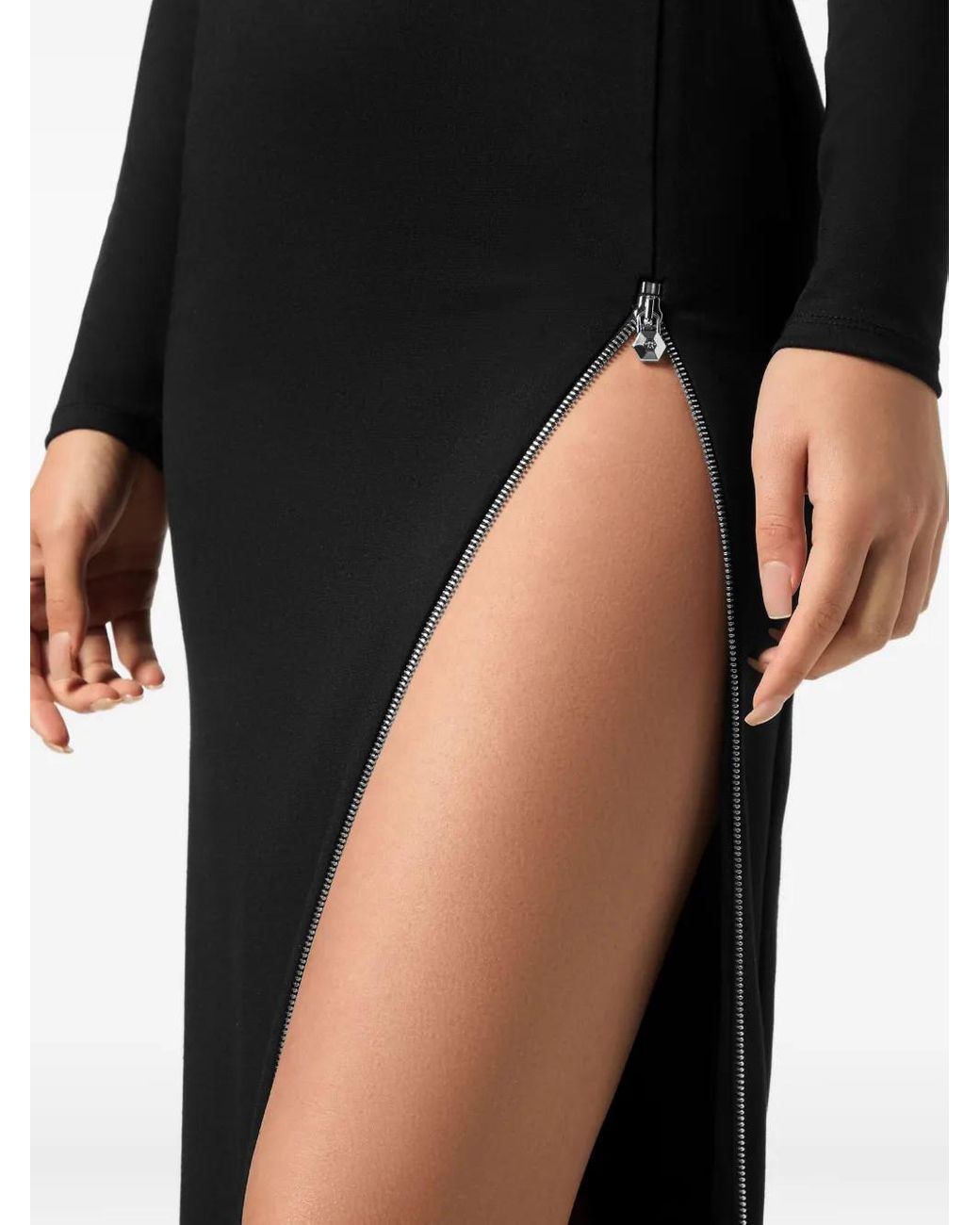Philipp Plein Black Long-Sleeve Long Dress Fatale