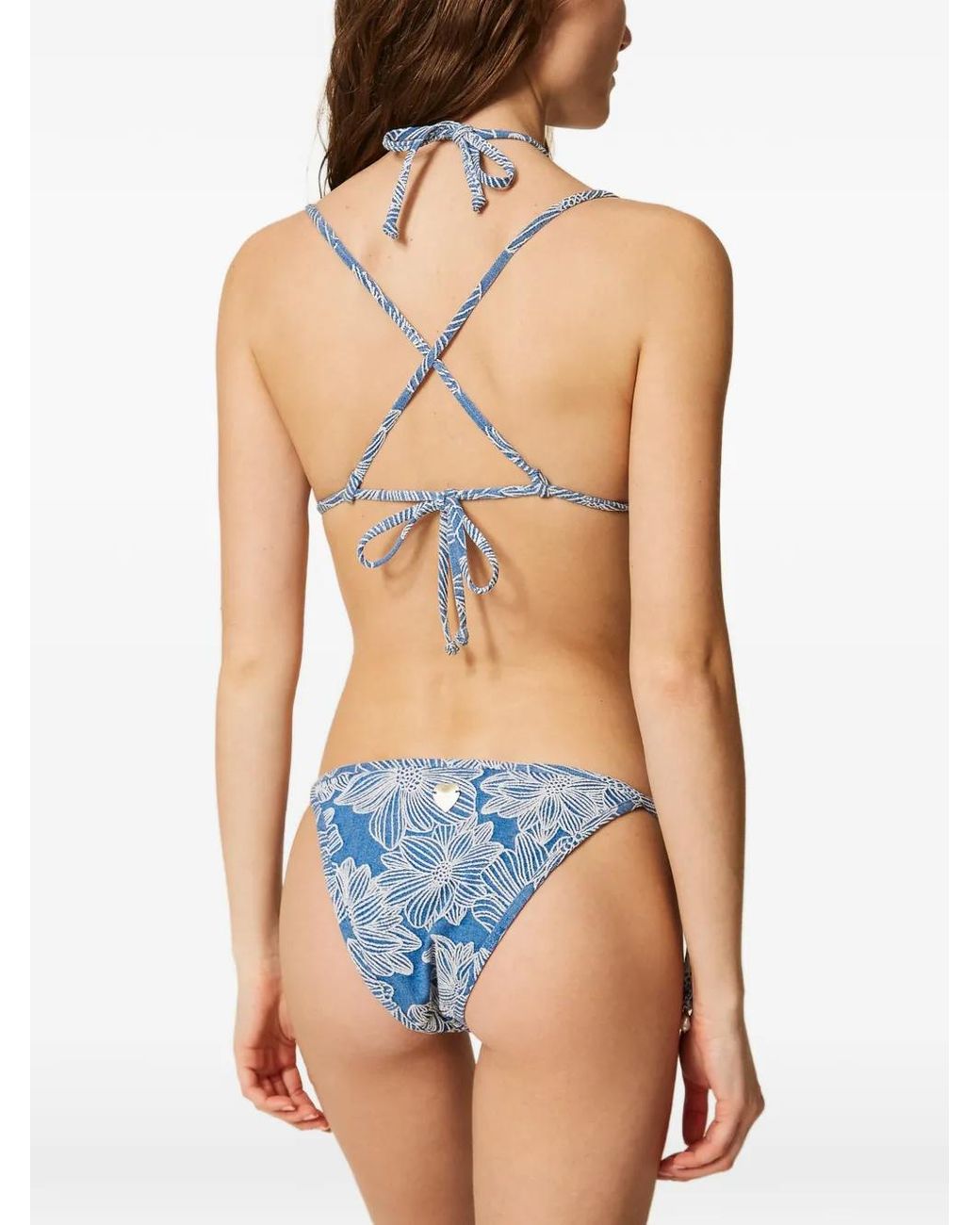 Twinset Blue Jacquard Bikini Thong With Pearls