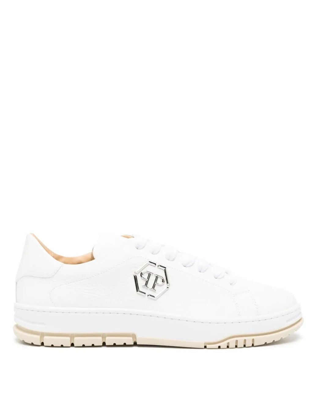 Philipp Plein White Logo-Plaque Pebbled Leather Sneakers