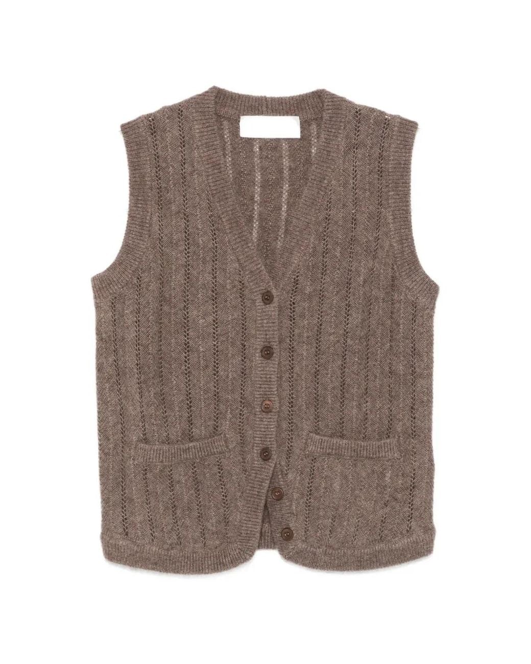 IVORY PARIS Brown Bea Pointelle-Knit V-Neck Sweater