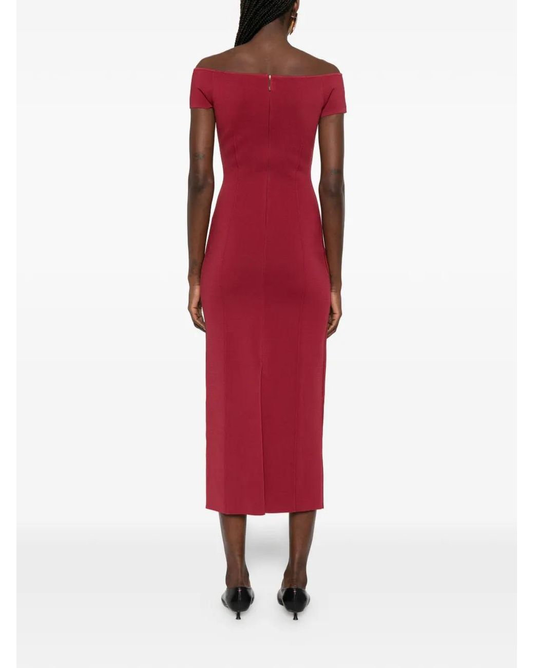 Joseph Red Foin Off-Shoulder Midi Dress