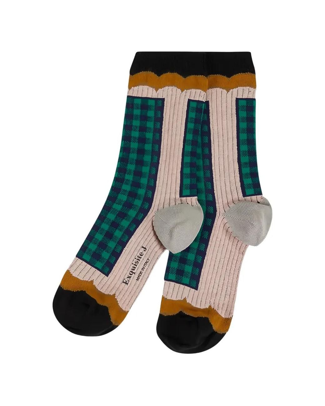 Exquisite J Natural Check-Pattern Ribbed Socks