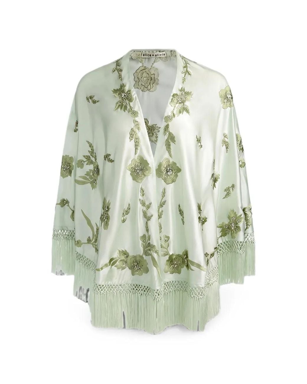 Alice + Olivia Green Floral-Embroidered Fringed Cape