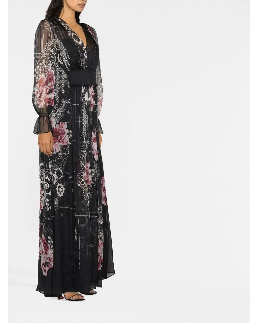 Alberta Ferretti Black Floral Print V-Neck Maxi Dress