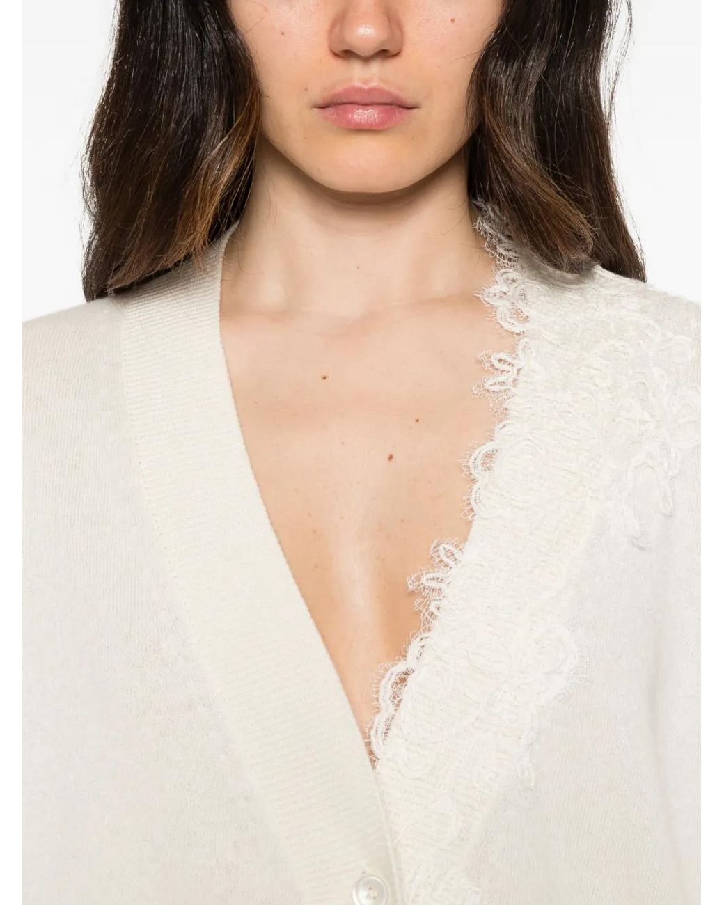 Ermanno Scervino White Cardigan Boutonné Bordé De Dentelle