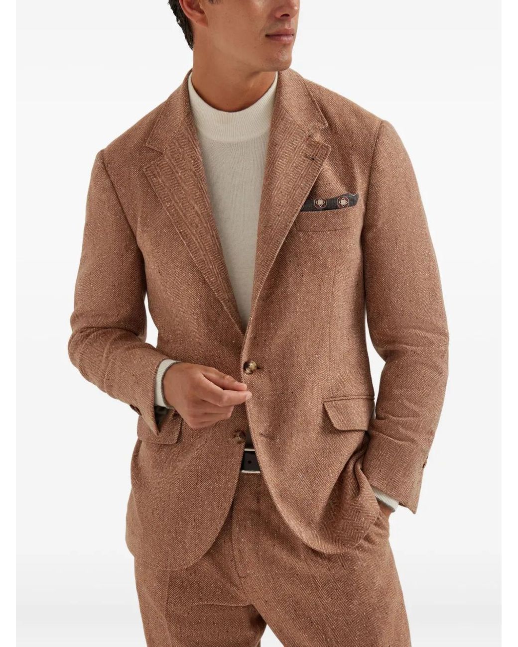 Brunello Cucinelli Brown Herringbone-Pattern Single-Breasted Blazer for men