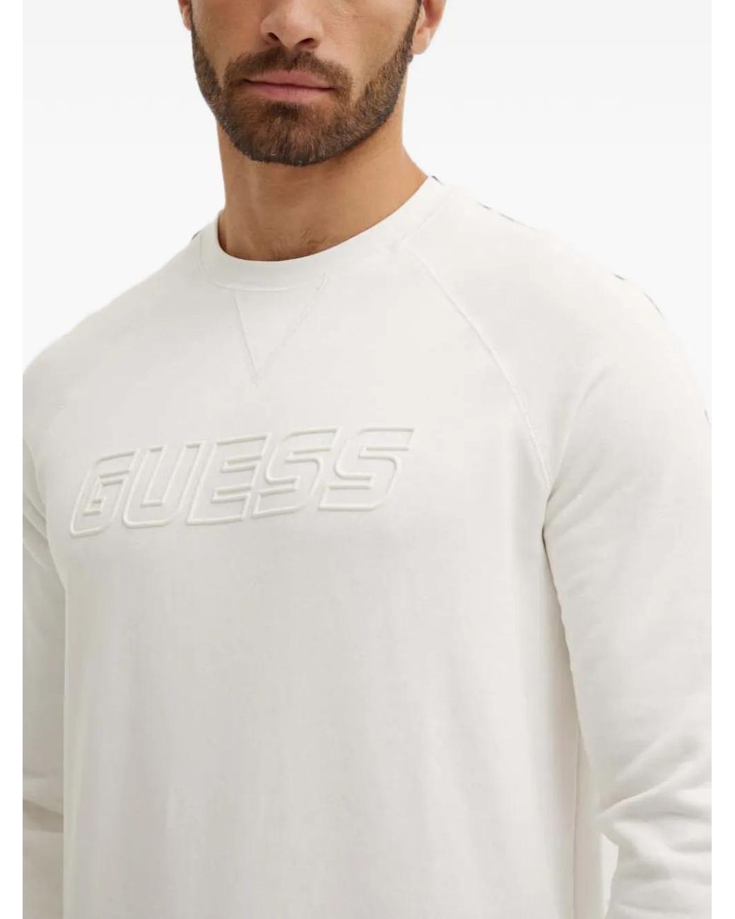 Guess White Logo-Embossed Raglan-Sleeve Sweatshirt for men