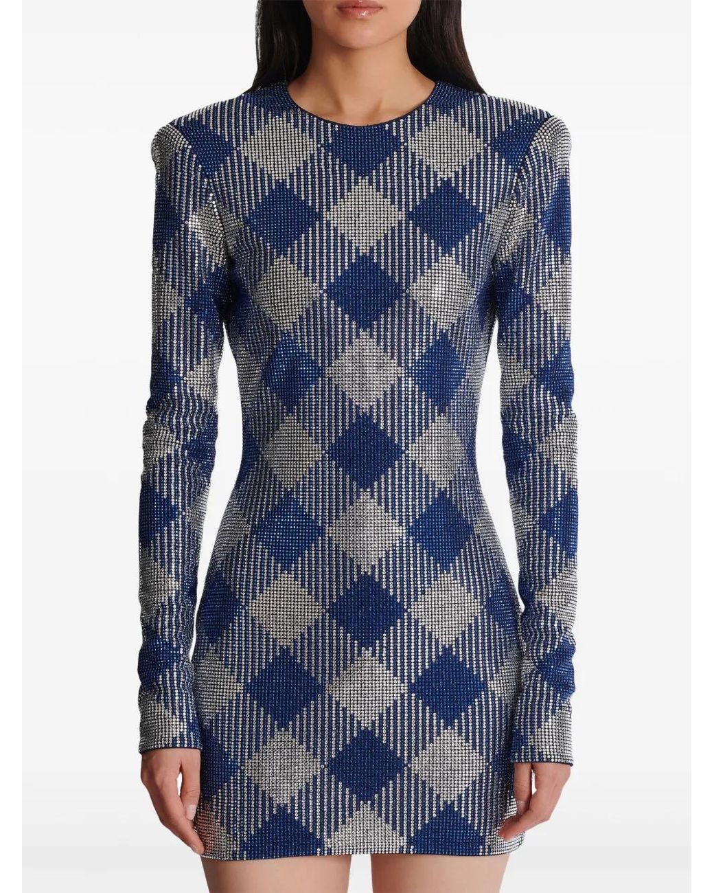 Balmain Blue Rhinestone-Embellished Gingham Mini Dress