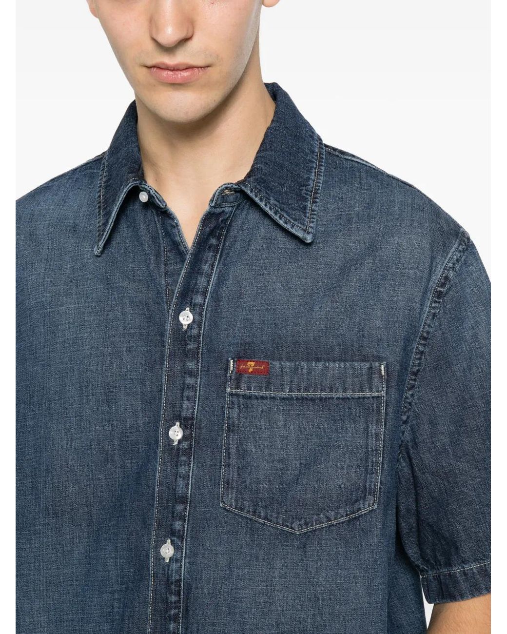 7 For All Mankind Blue Short-Sleeve Chest-Pocket Shirt for men