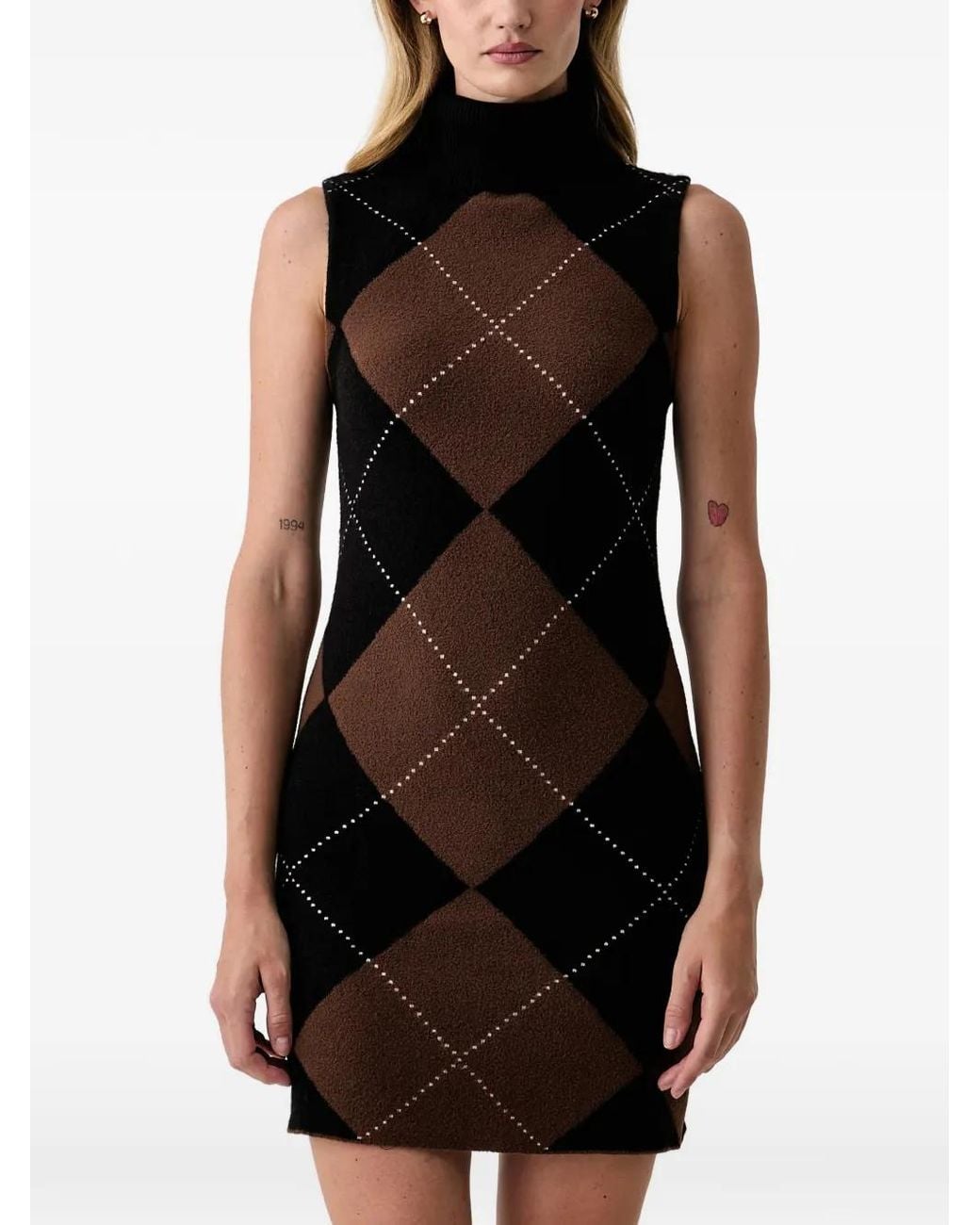 DKNY Black Argyle-Pattern High-Neck Mini Dress
