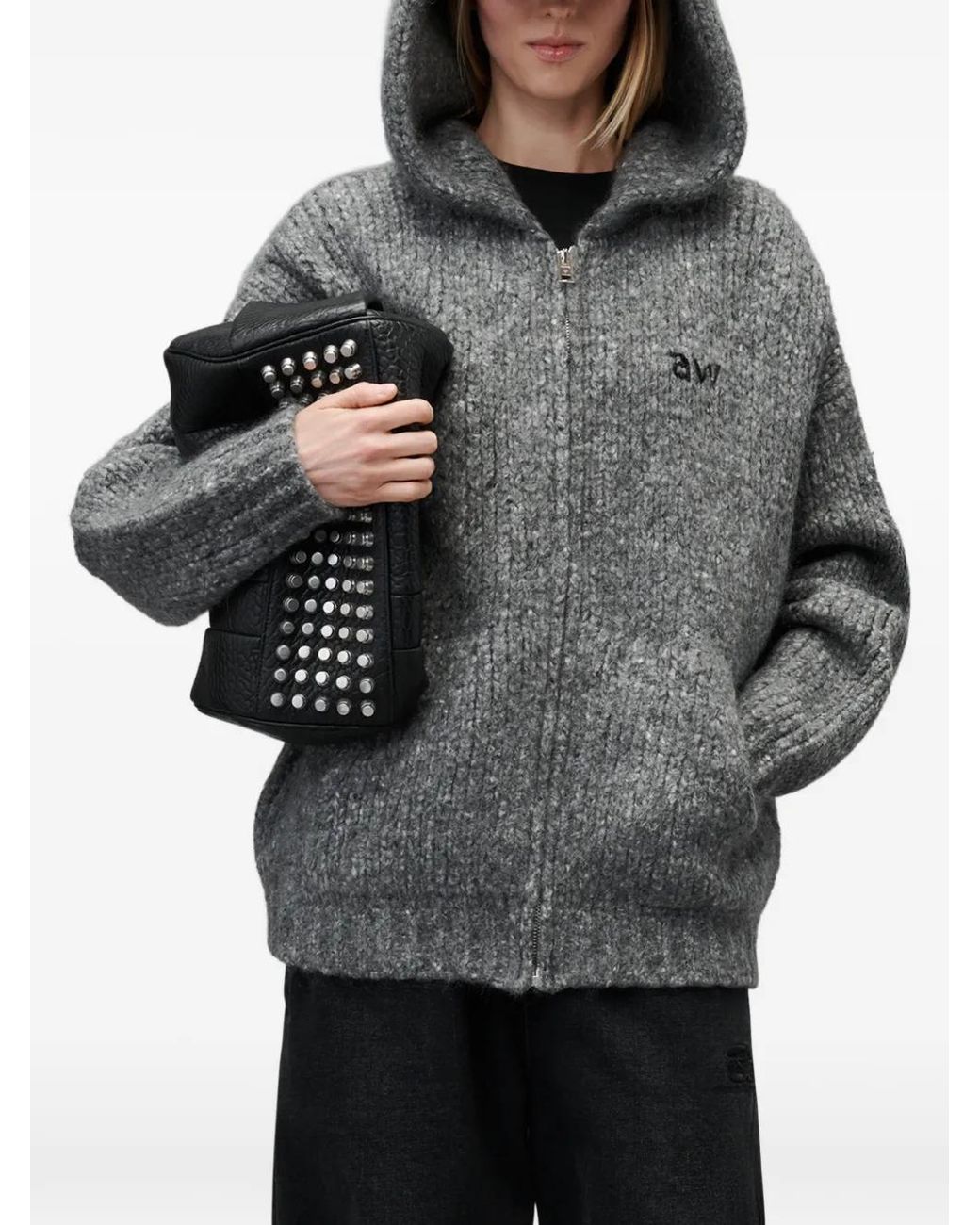 Alexander Wang Gray Embroidered Zip-Up Oversized Hoodie