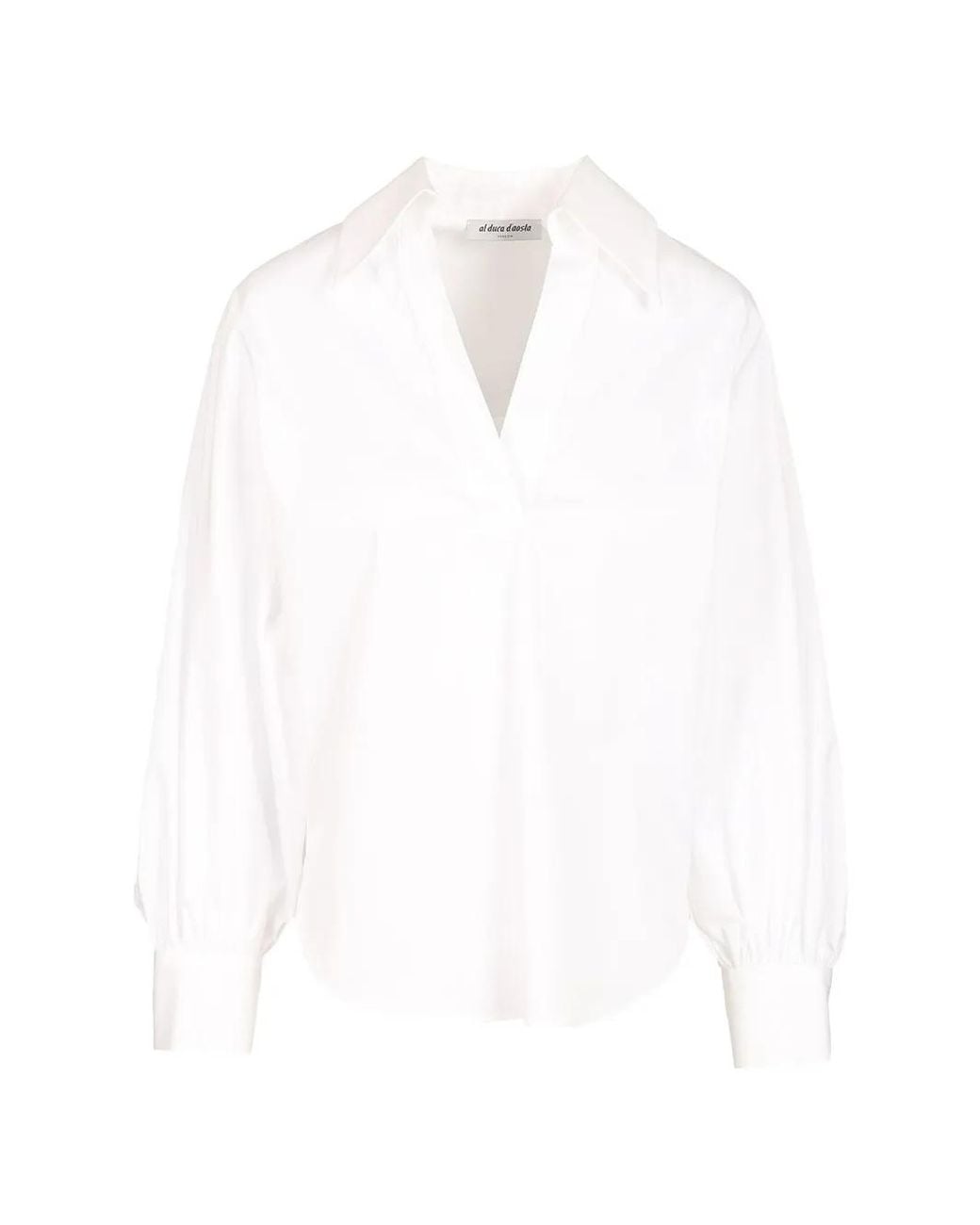 Al Duca D'aosta White V-Neck Spread-Collar Cotton Blouse