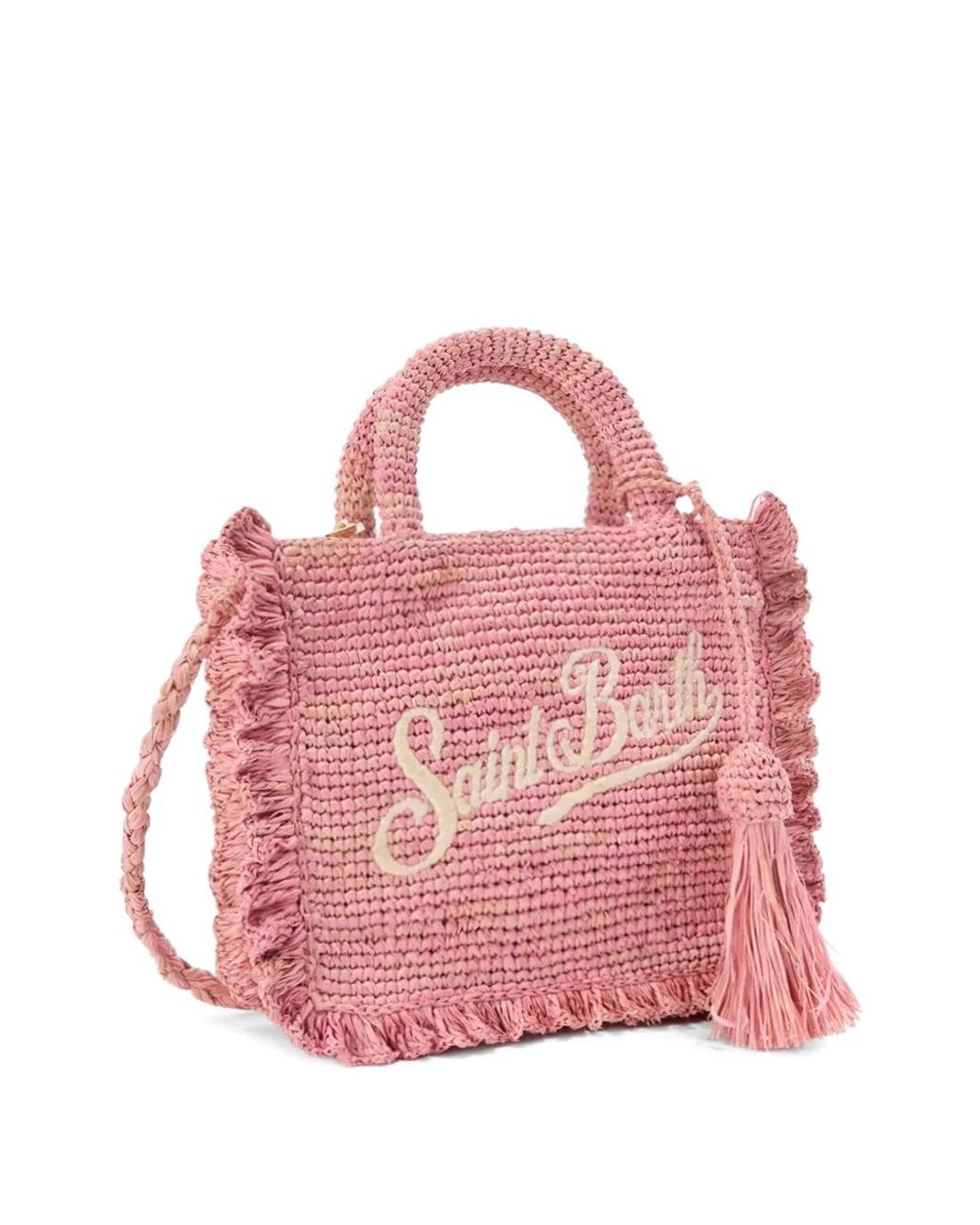 Mc2 Saint Barth Pink Volant Mini Raffia Bag With Embroidered Logo