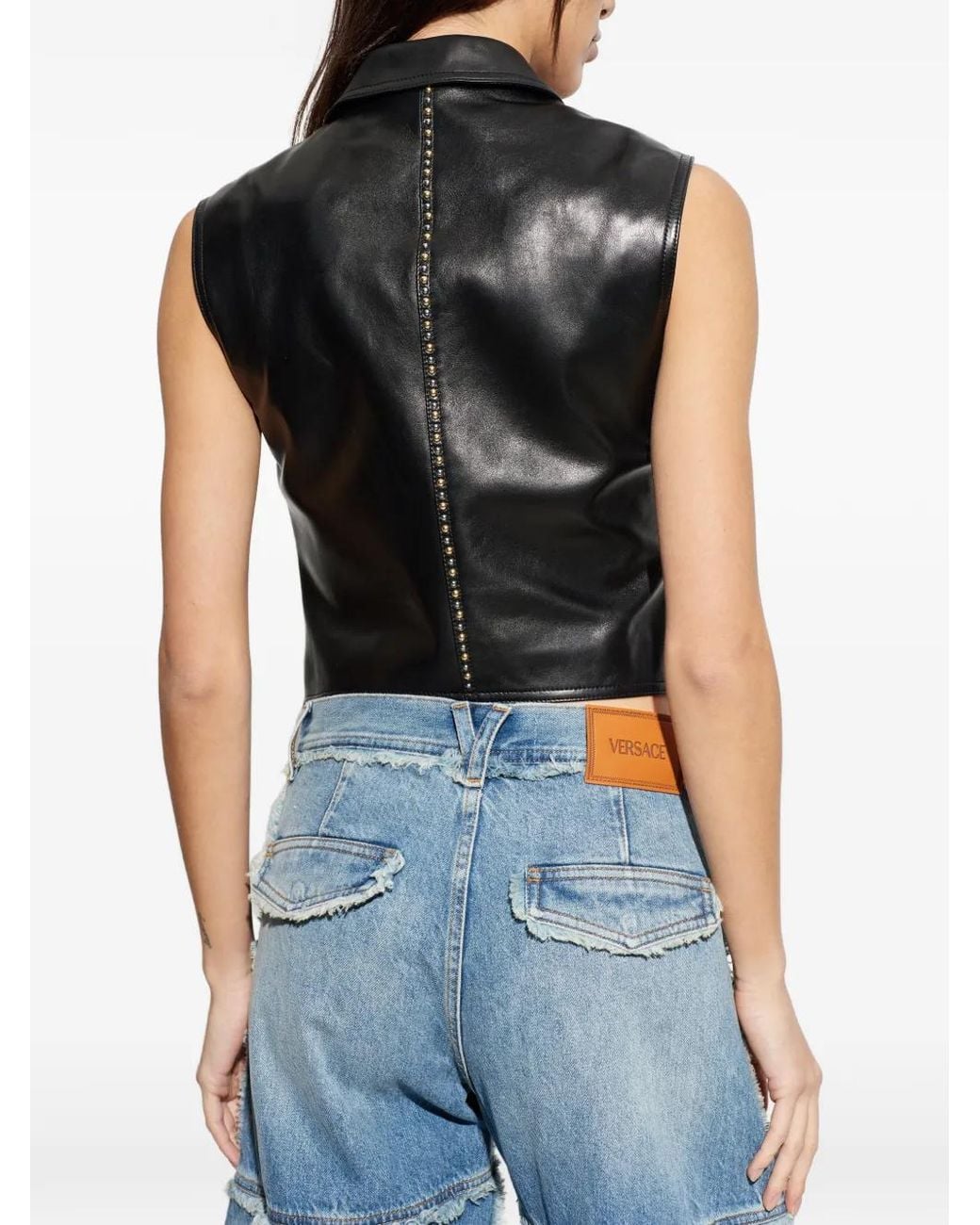 Versace Mouwloze Leren Blouse in het Black
