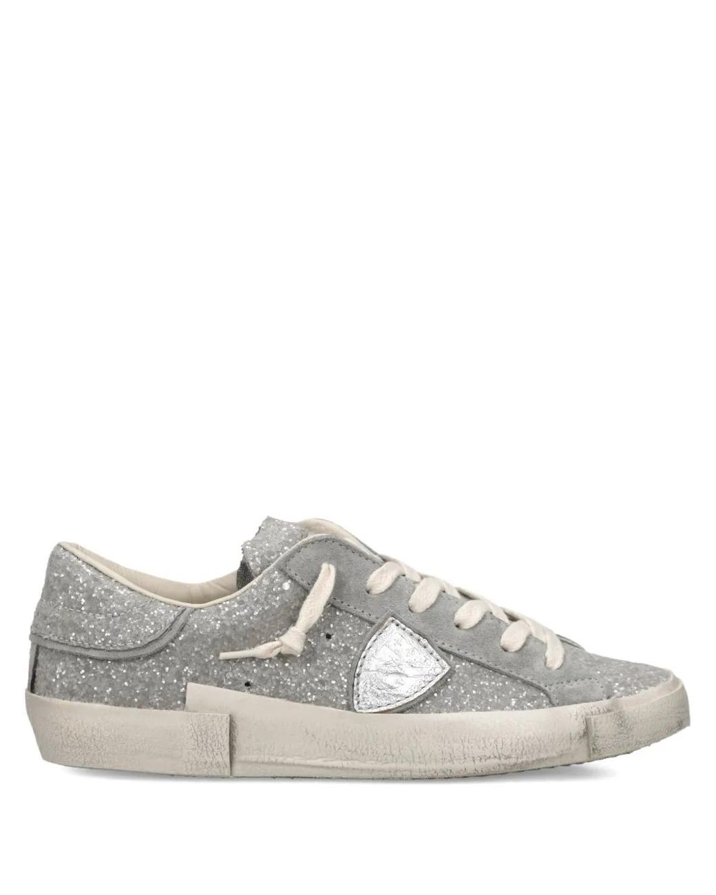 Philippe Model White Glitter-Effect Panelled Sneakers