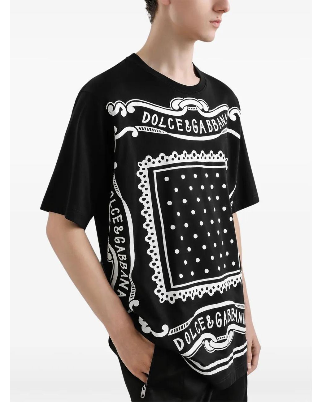 Dolce & Gabbana Black Crewneck T-Shirt With Bandana Print All-Over for men